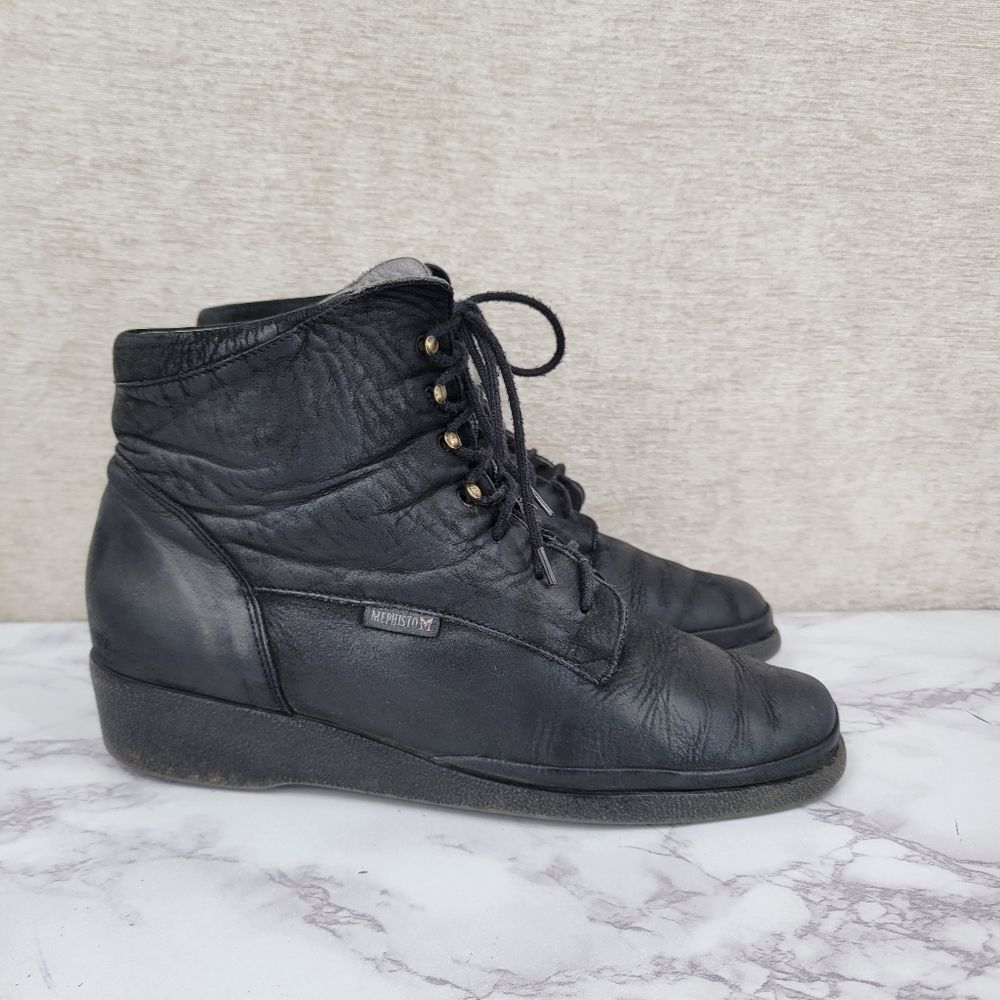Mephisto Vintage Women's Black Leather Lace Up Ankle Wedge Boots French